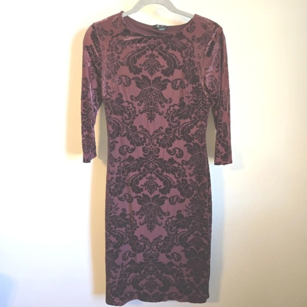 Womens Size‎ S Small Y2K Velvet Burnout Maroon Dress Midi Red Holiday Bodycon